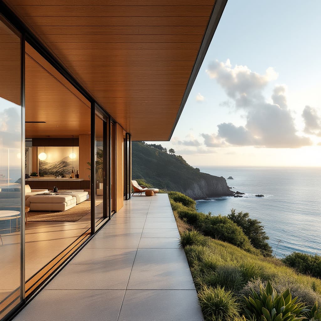 AI generated: Hyper realistic eye level exterior photo of a mid century modern style house overlooking the ocean, ...