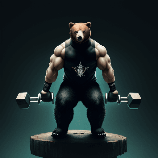 AI generated: Cyberpunk style, a bear standing on a tree, wearing a backwards baseball cap and holding a dumbbell,...