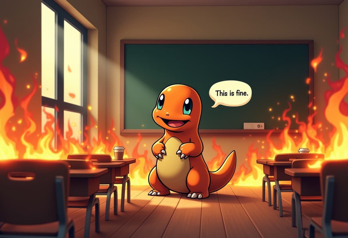 AI generated:  "it's fine" meme but a highly detailed and cute charmander is the one standing in the room in flame...