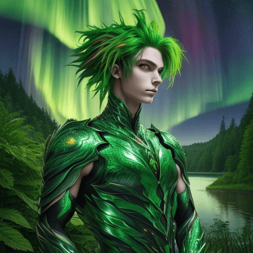 AI generated: High resolution photography of male humanoid basilisk, red eyes, green hair, majestic vibe, set agai...
