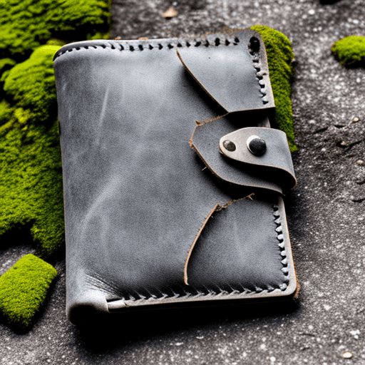 AI generated: an abandoned open grey leather wallet on a mossy pavement. Style: goth
