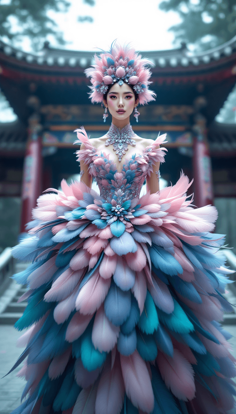 AI generated: photo of an korean queen wearing a peacock feathery haute couture feather dress, soft pink and blue ...