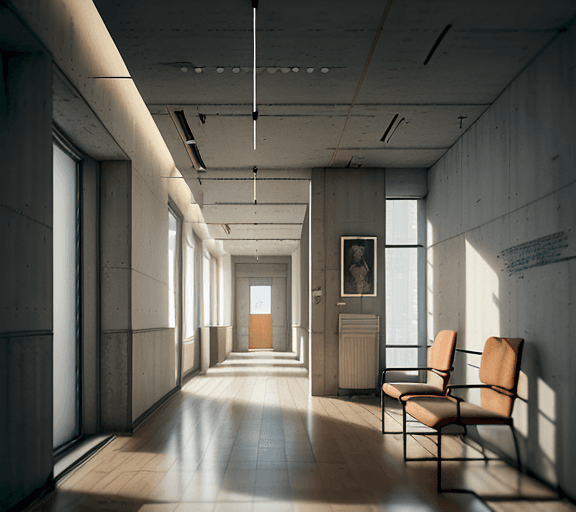 AI generated: hyperrealistic photograph of the interior of a hallway of a building in which you can see a wall wit...