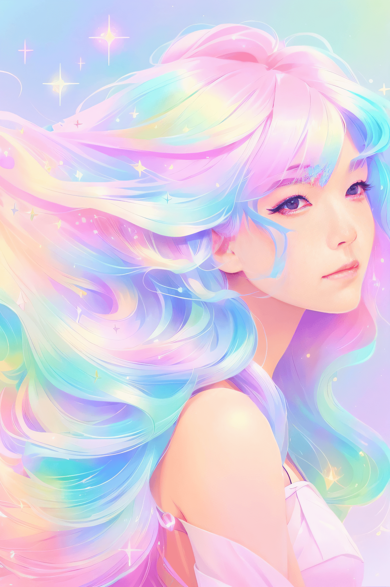 AI generated: a close up of a woman with long hair and a star in her hair, rossdraws pastel vibrant, anime girl wi...