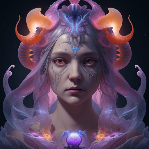 AI generated: Goddess close-up portrait ribcagel. jellyfish phoenix head, nautilus, orchid, skull, betta fish, bio...