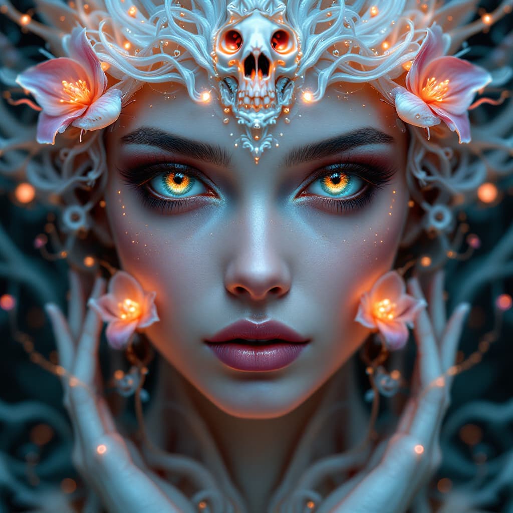 AI generated: Goddess close-up portrait ribcagel. jellyfish phoenix head, nautilus, orchid, skull, betta fish, bio...