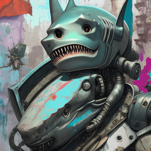 AI generated: Portrait of a shark robot, character design, photorealism, detailed hair, punk art, acid punk, clutt...