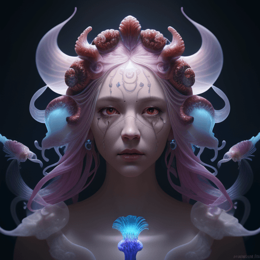 AI generated: Goddess close-up portrait ribcagel. jellyfish phoenix head, nautilus, orchid, skull, betta fish, bio...