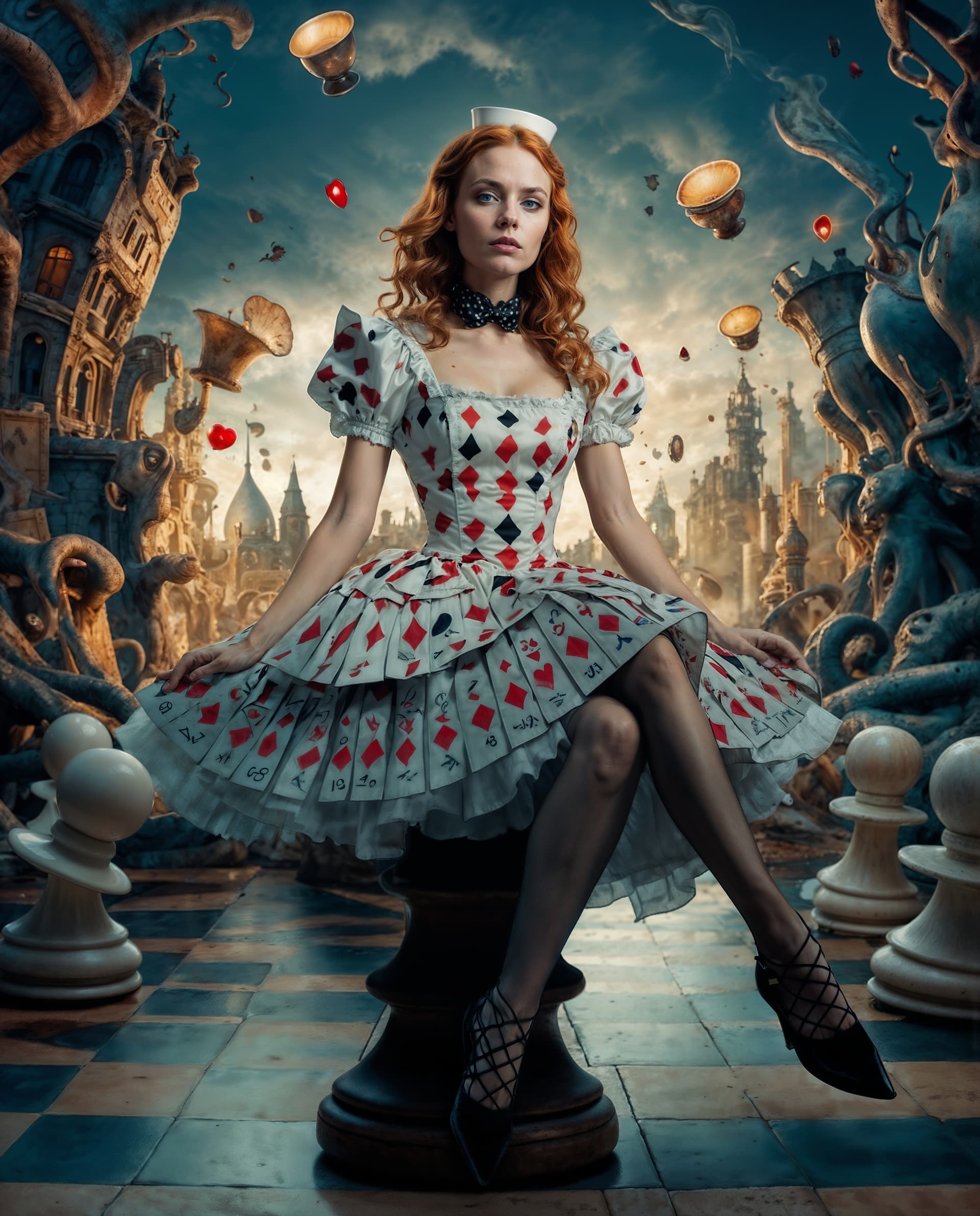 AI generated: A stunning, avant-garde interpretation of Alice in Wonderland, featuring a modern woman as Alice, si...