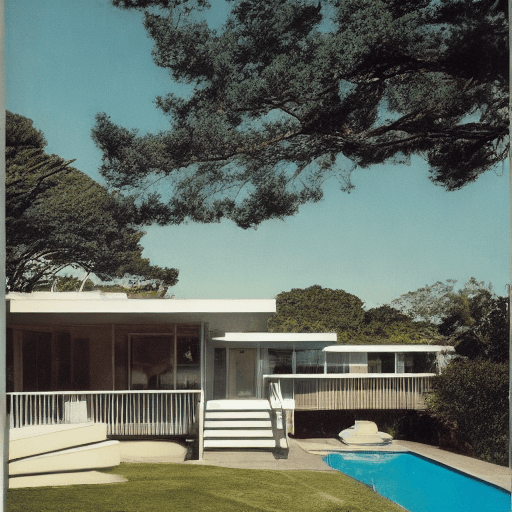 AI generated: Hyper realistic eye level exterior photo of a mid century modern style house overlooking the ocean, ...