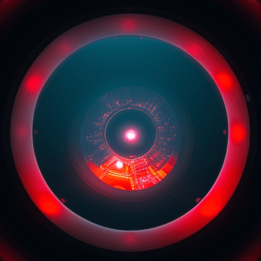 AI generated: wide angle view, perfectly round and giant bio mechanical hollow ring, red light reflecting inside r...
