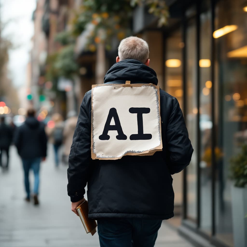 AI generated: Photo of a man wearing a sign for AI under his arm while walking an reading a book
