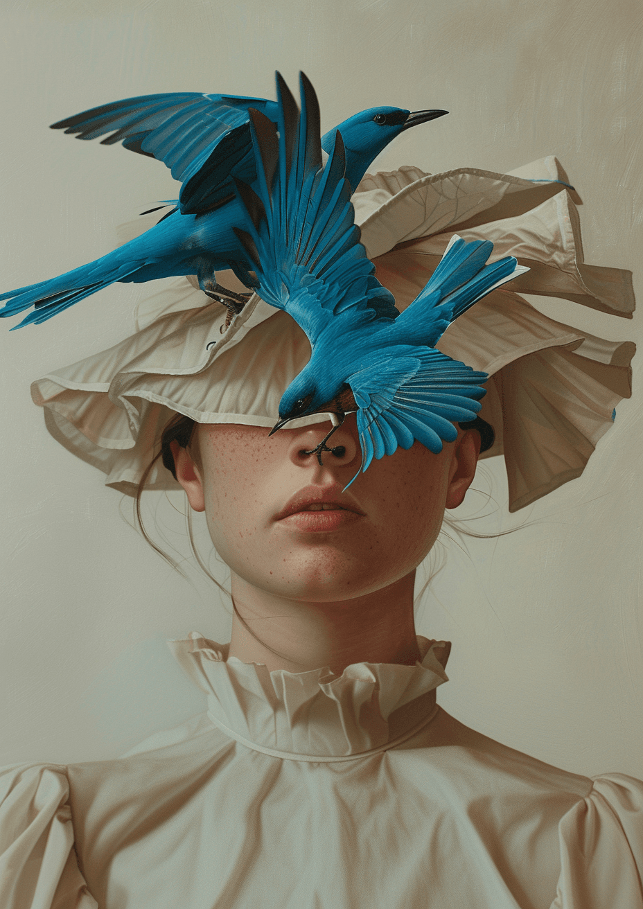 AI generated: a girl with a pair of blue birds on her head, in the style of hyperrealistic animal portraits, album...