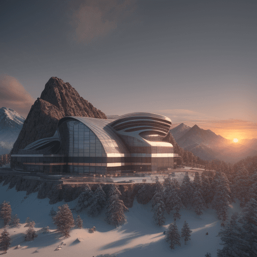 AI generated: Photo of a ultra realistic Research center, mountain building, curves and square shapes, sustainable...