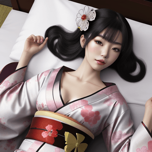 AI generated: digital art a beautiful Japanese geisha wearing  kimono, laying at bed