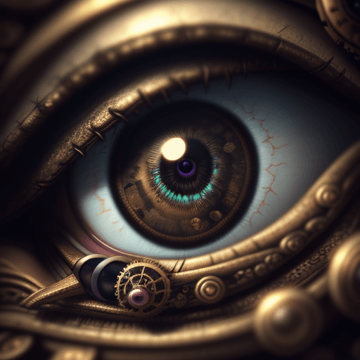 AI generated: extremely realistic, steampunk eye, full view of eye, blurry middle background, ornamental, macro sh...