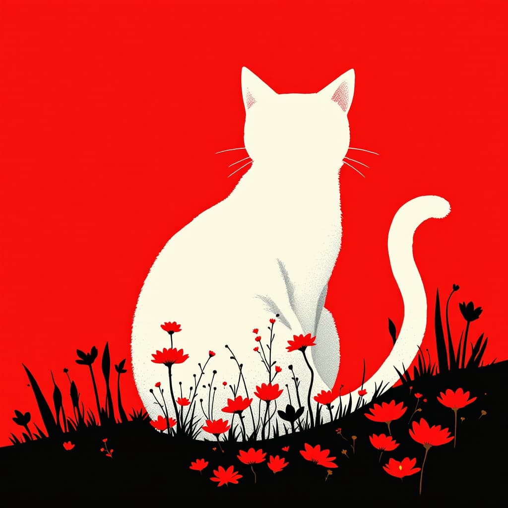 AI generated: white Cat and flower in a Takeshi Kitano style, in a minimalist and humorous setting, simple and str...