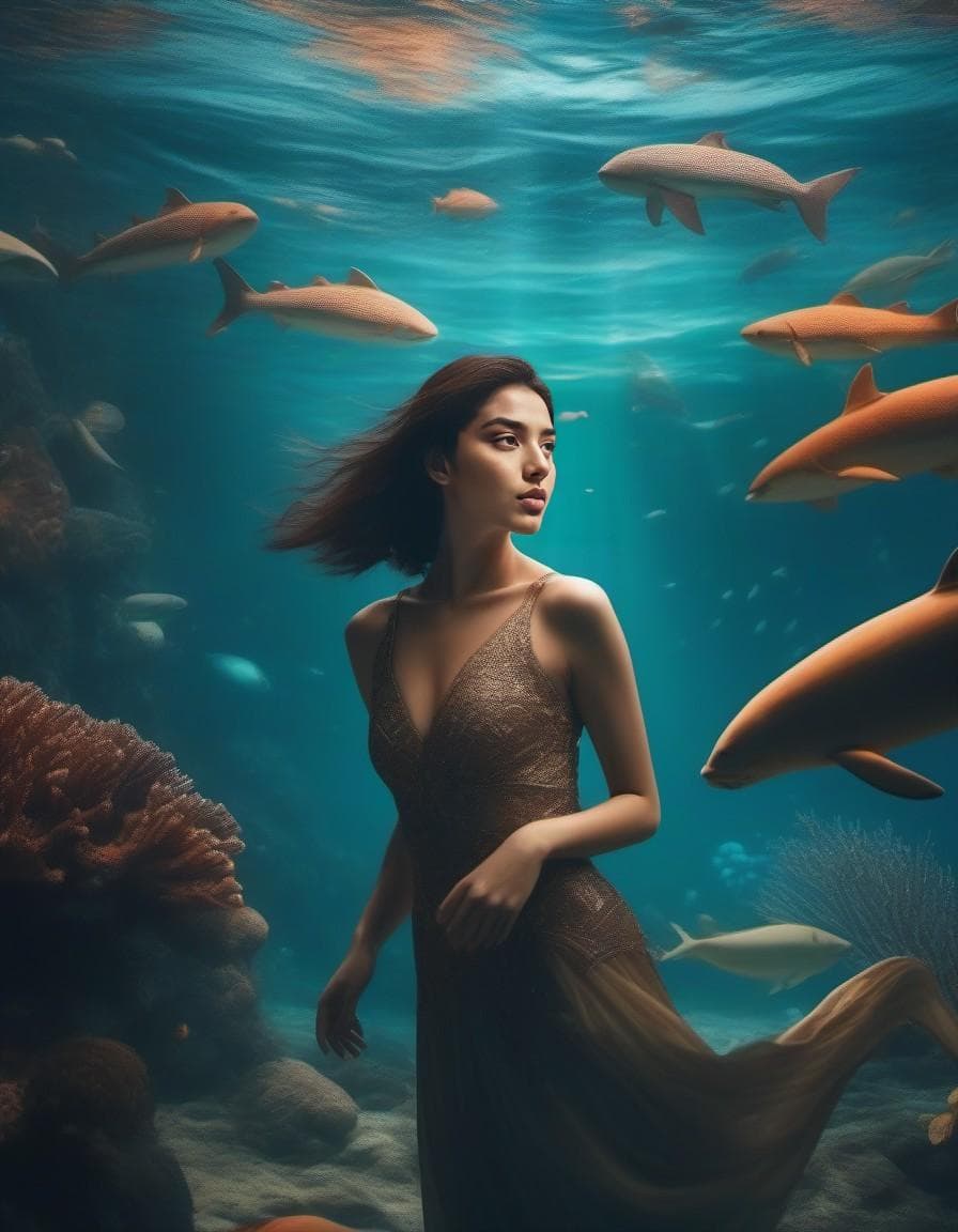 AI generated: an underwater scene in the ocean with large pre-historical sea-creatures swimming in high density, 4...