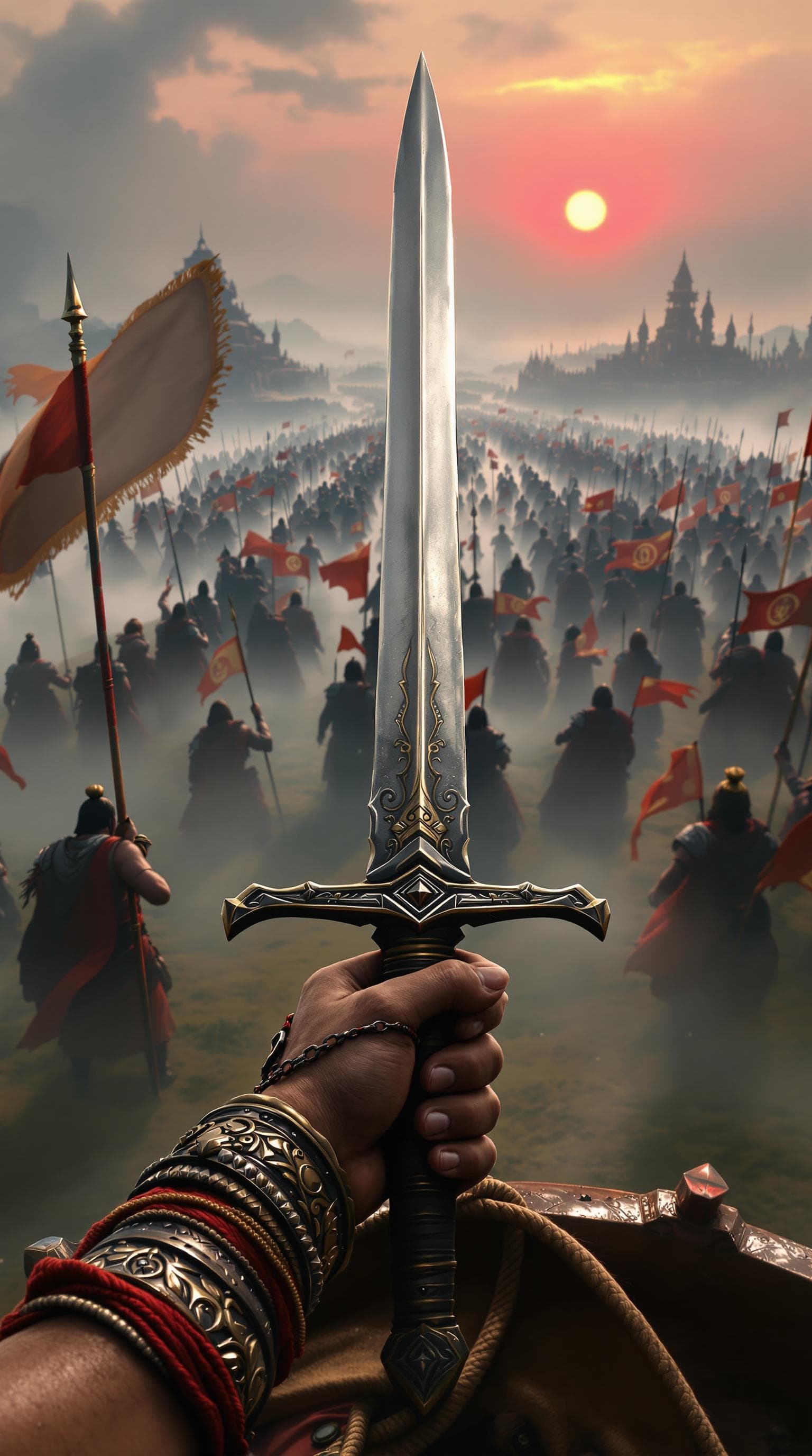 AI generated: First person POV, your hands—roughened by years of warfare—tighten around the hilt of your ancient s...