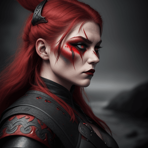 AI generated: photo of a female Viking warrior, fierce, traditional make up, red on black, front profile, looking ...