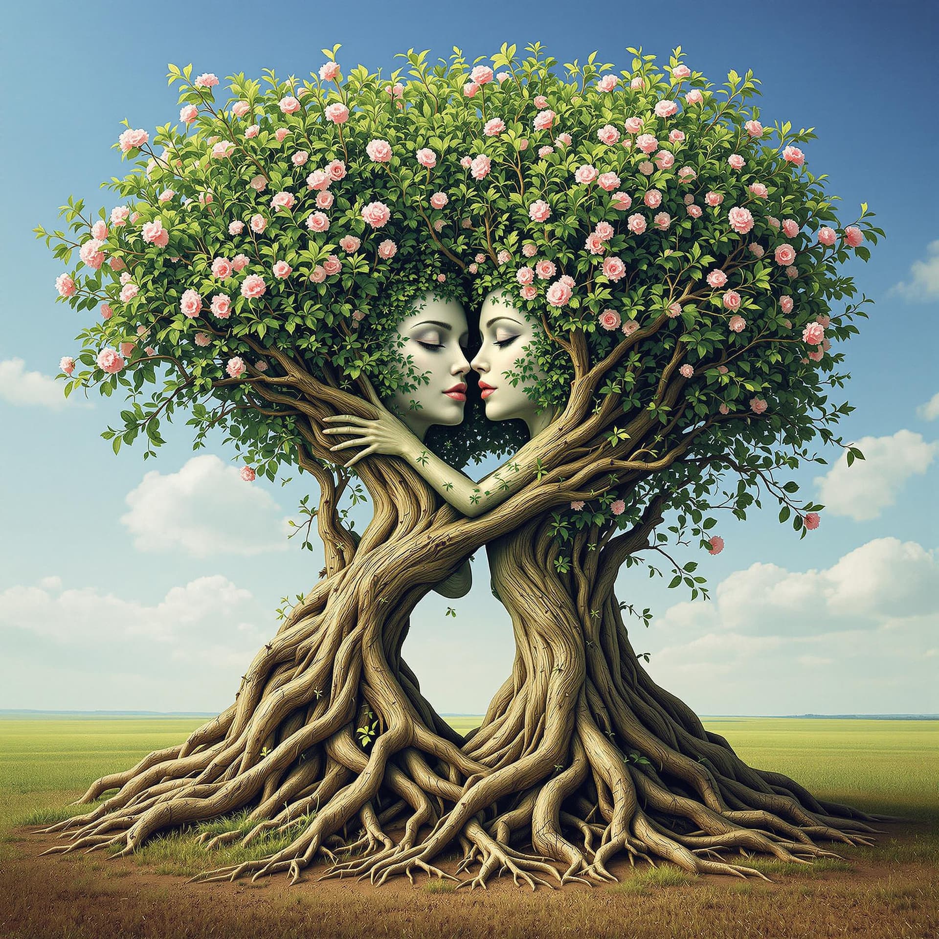 AI generated: A captivating surreal artwork featuring a mesmerizing fusion of human and nature. A male and female ...