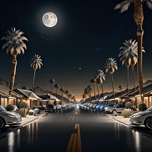 AI generated: The image captures a serene night scene on a Palm Springs street, where the moon casts a gentle glow...