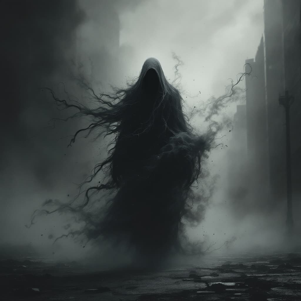 AI generated: create an eerie, spectral figure enveloped in dark, swirling tendrils of smoke and shadow, reminisce...