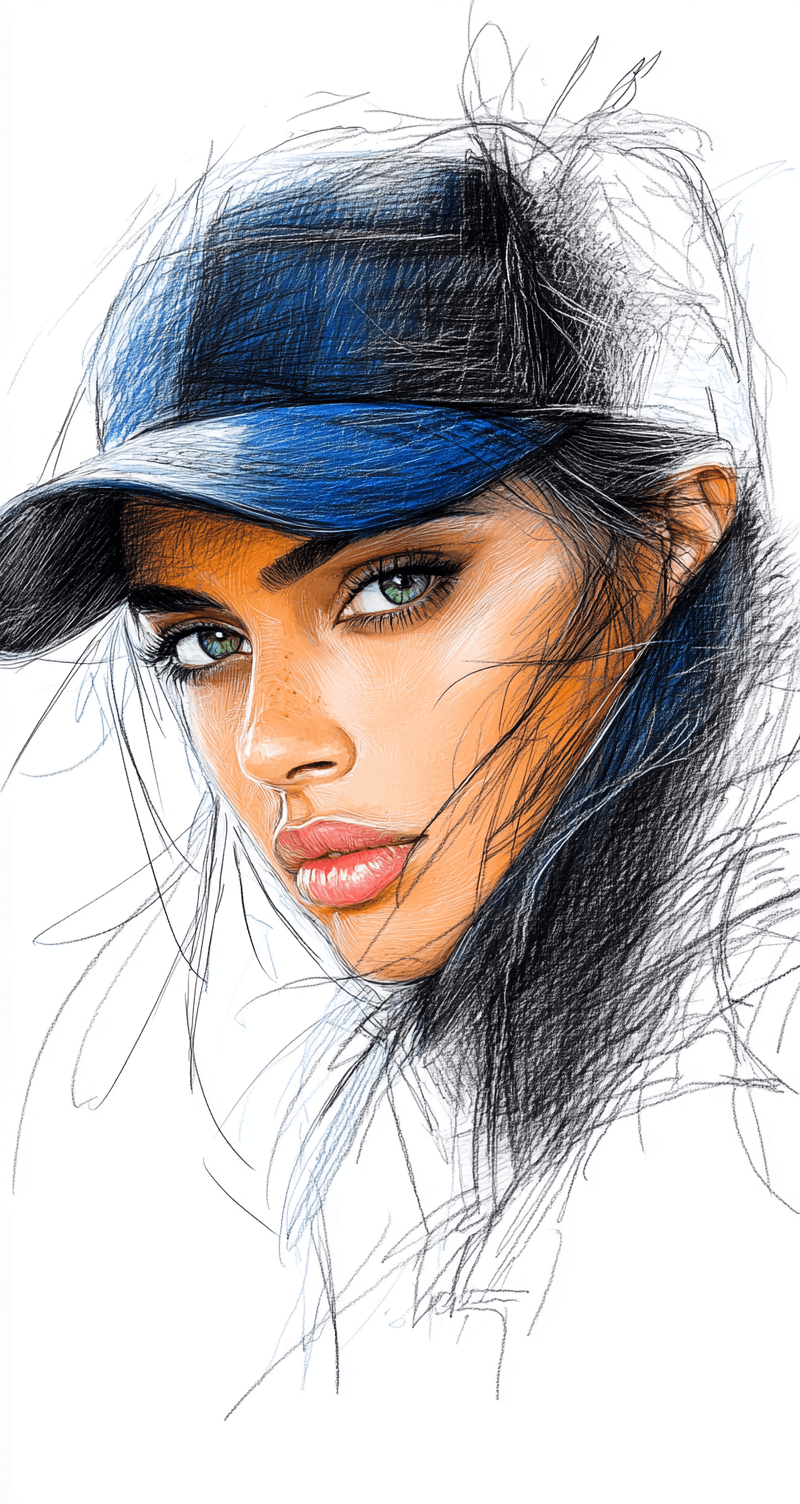 AI generated: An expressionist charcoal sketch, a stunning woman with piercing blue-green eyes, bold, intense, sou...