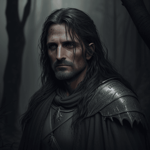AI generated: glamour shot of Aragorn, morbide, dark, very detailed, rendered in octane, wet, dense atmospheric, e...
