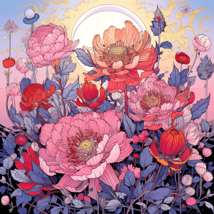 AI generated: A geometric vector of flowers blooming, with vibrant organic patterns, in shades of pink and purple,...