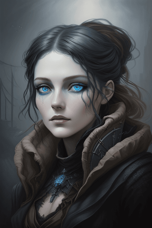 AI generated: mj, a painting of a woman with blue eyes, in the style of dark silver and light black, frostpunk, so...