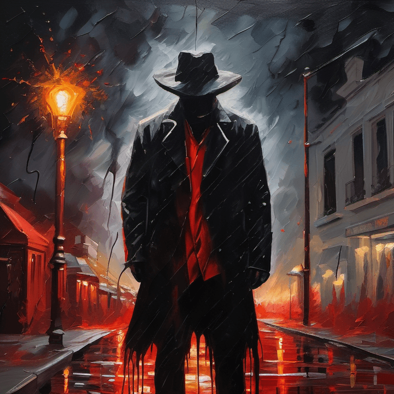 AI generated: oil painting of a male murderer silhouette on the street, style of van gogh, starry night vibes, blo...