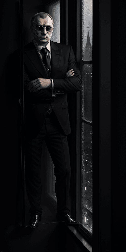 AI generated:  Russian drug lord in a black suit standing next to a window, high resolution, dark night

