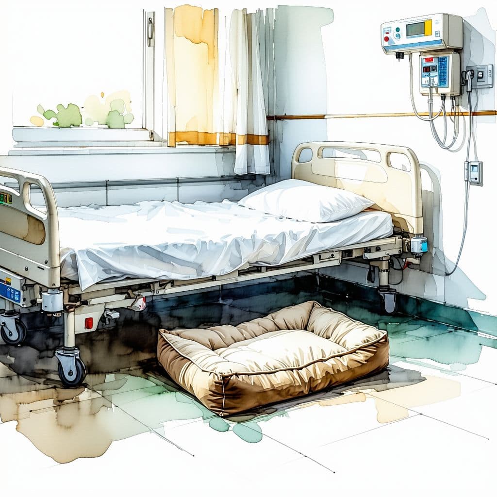 AI generated: Using a muted palette create a drawing of a ((small)) plush flat (empty) dog bed on the floor close ...