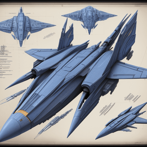 AI generated: Blueprint of a highly aerodinamic battle spaceship, highly detailed with notes, intricate details --...