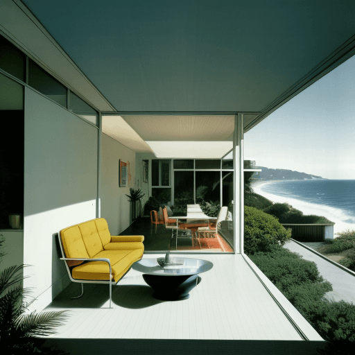 AI generated: Hyper realistic eye level exterior photo of a mid century modern style house overlooking the ocean, ...