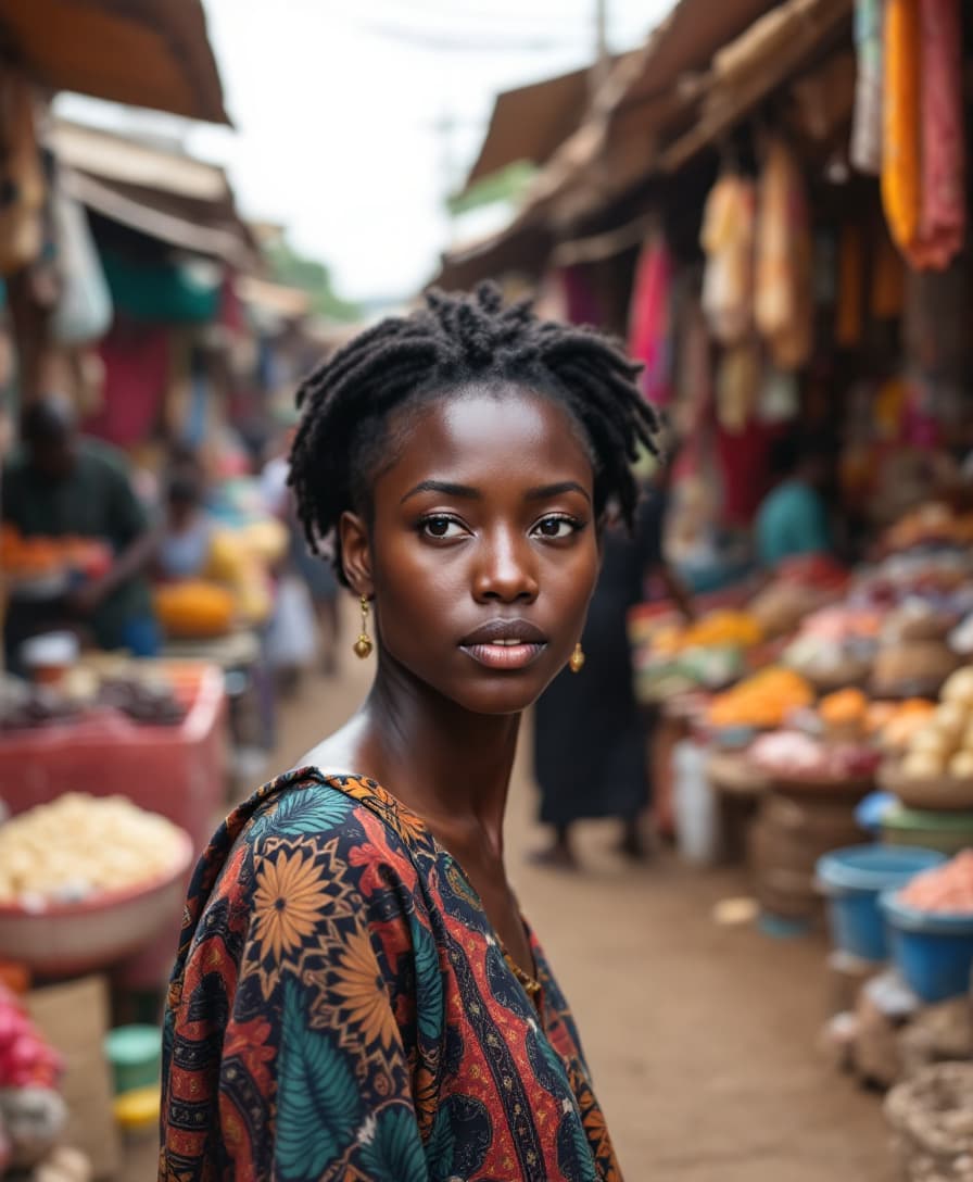 AI generated: A busy market day in Accra Ghana with vibrant stalls, rich colors, 4k resolution, detailed patterns,...