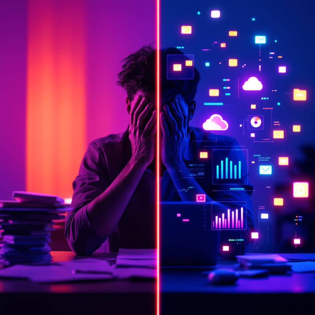 AI generated: Frustrated Indian accountant transitioning into a digital revolution, split-screen layout: left show...