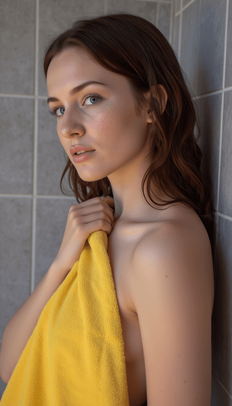 AI generated: A woman, from the side, with wet dark auburn hair, light freckles, and striking blue eyes is the cen...