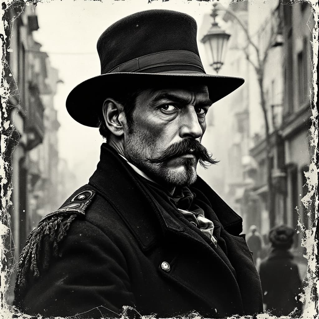 AI generated: a black and white classic artistic reproduction of Captain Nemo wearing a black fedora and a close c...