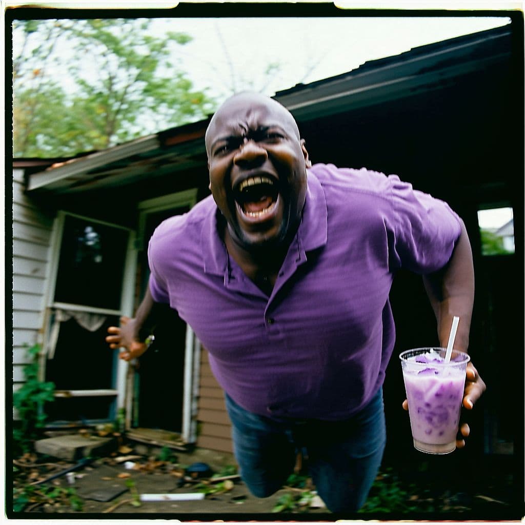 AI generated: grainy 80's photograph quality polaroid of big fat bald elated black man floating in the air with a ...