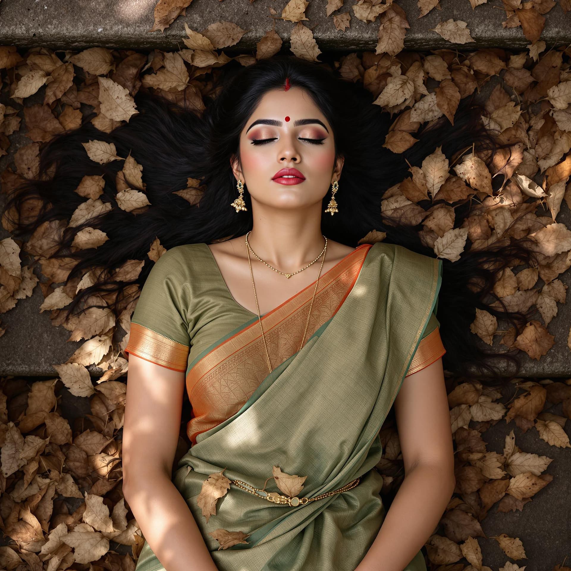 AI generated: a Kerala woman, from above, lying on old stone stairs in covered in dead leaves, Kerala Saree dress,...
