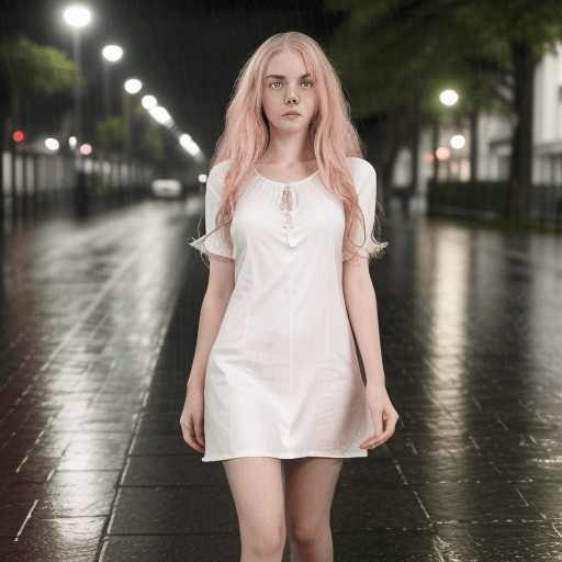 AI generated: (16k, best quality, master:1.2) HDR, a 19 yo white woman in a rainy evening. White cotton minidress....