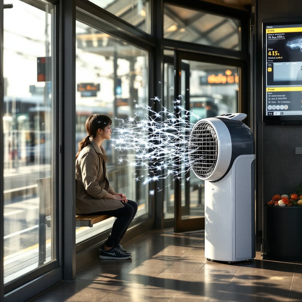 AI generated: A patio-type bus stop and round cassette-type air conditioner passenger who is waiting for the bus f...