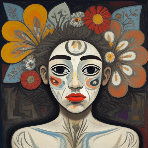 AI generated: abstract painting of woman face, flower printed skin, flower patterns on face, stem patterns, flower...