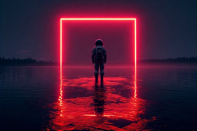 AI generated: raw photo, detailed, fujifilmxt3, ray tracing, 8k uhd, hdr, an astronaut stands on the shore of a la...
