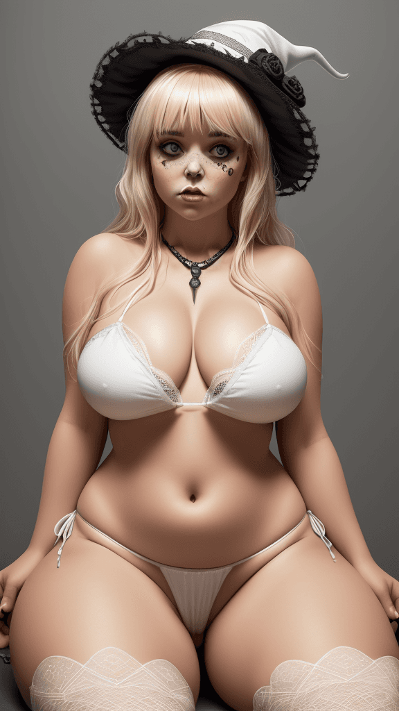 AI generated: a voluptuous girl dressed in a Halloween costume, adorned with an lace hat, is seated on a white pla...
