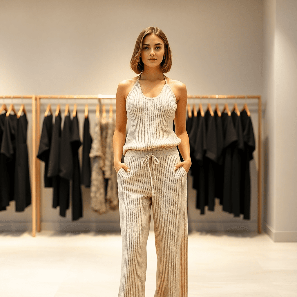 AI generated: A woman, mid-shot, is modeling a light beige/pale yellow ribbed knit two-piece set consisting of a h...