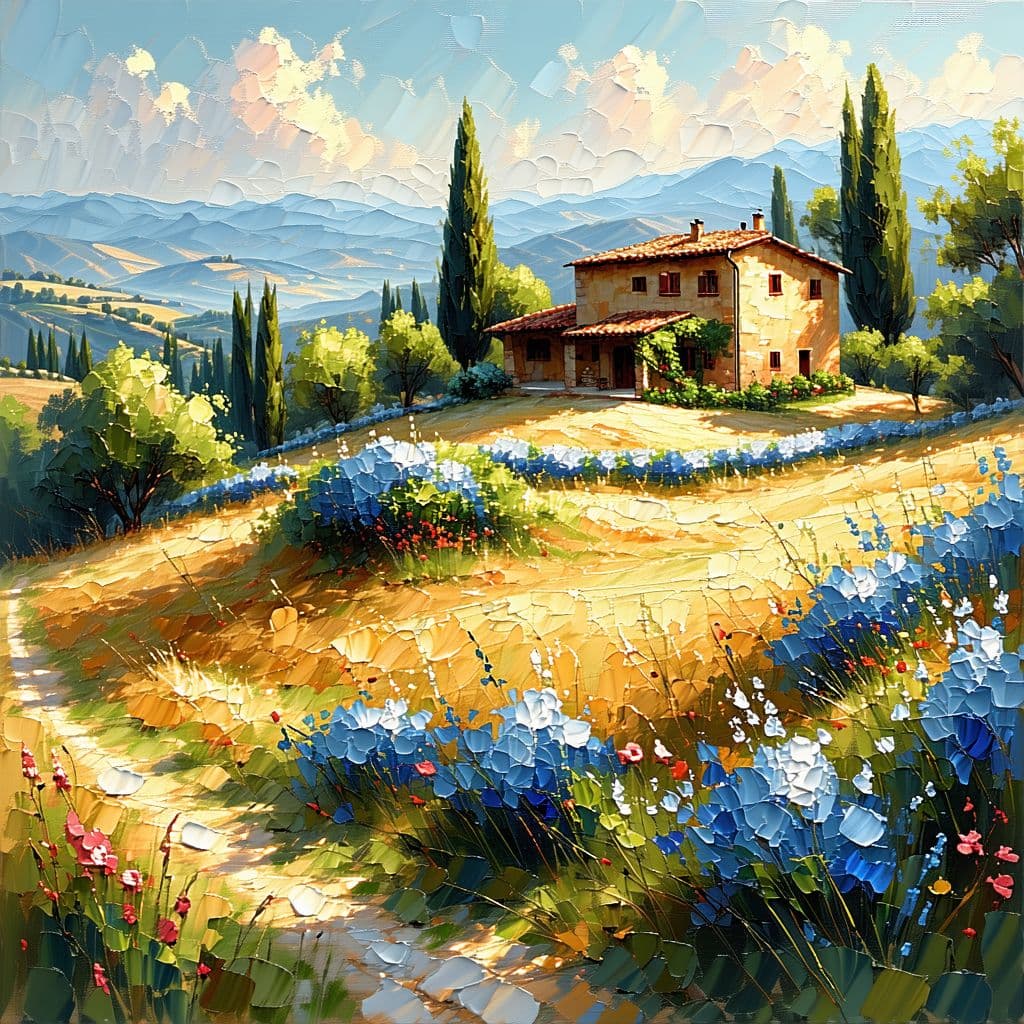 AI generated: impressionist painting on canvas of Tuscany, beautiful landscape with Tuscan farmhouse, in the style...