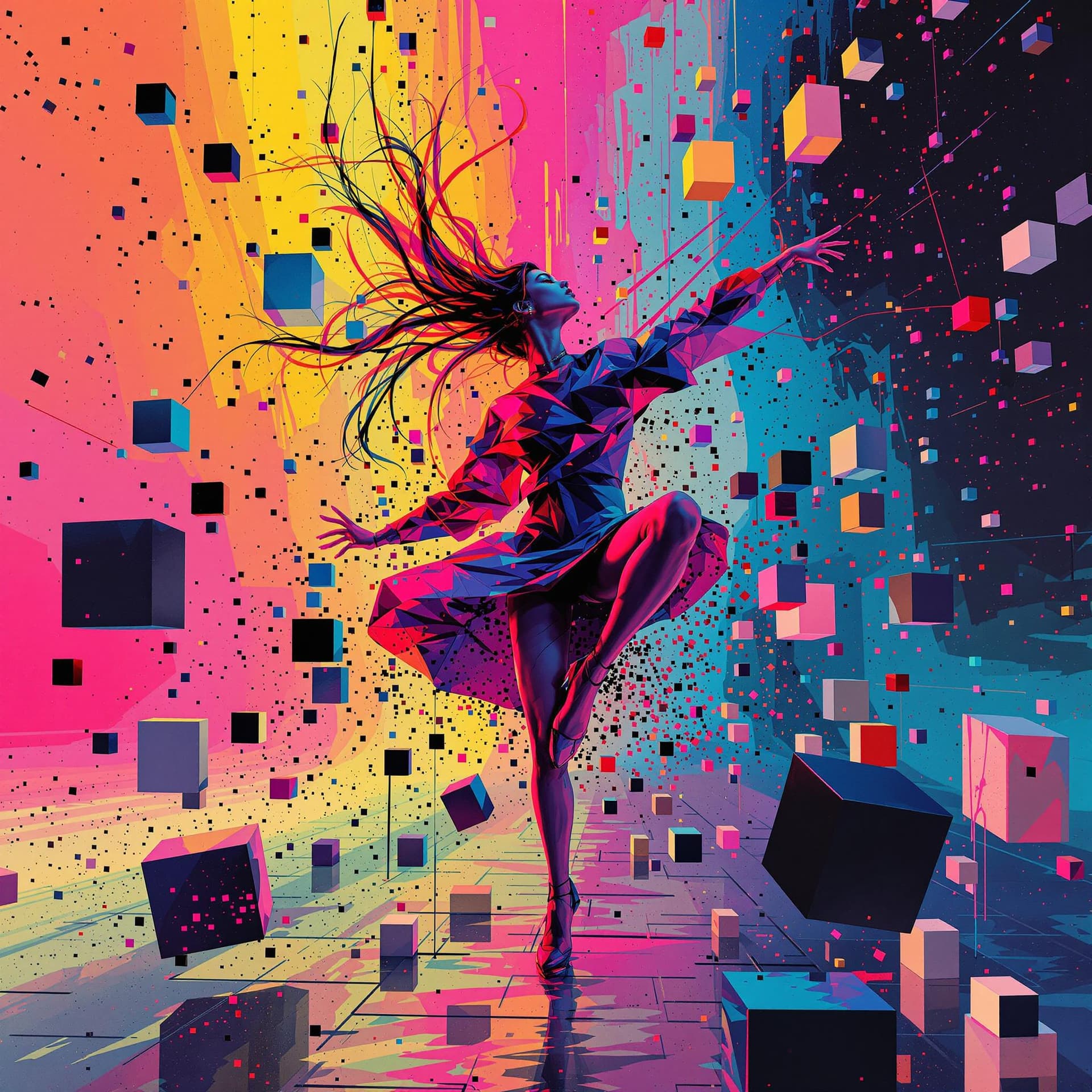 AI generated: minimalistic electro music album cover, perfect cubes, hyper detailsabstract dancing girl, colorful,...